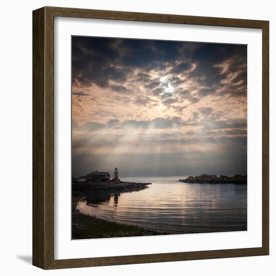 The Harbour and Lighthouse at Portpatrick, Dumfries and Galloway, Scotland, on a Stormy Day..-Travellinglight-Framed Photographic Print