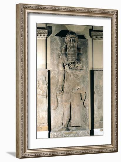 The Hero Gilgamesh Holding a Lion That He Has Captured, Stone Relief from the Palace of Sargon II-null-Framed Giclee Print