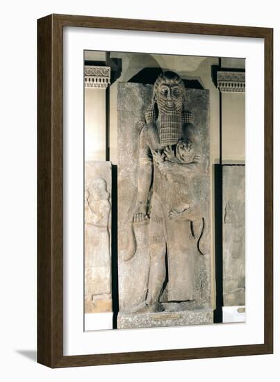 The Hero Gilgamesh Holding a Lion That He Has Captured, Stone Relief from the Palace of Sargon II-null-Framed Giclee Print