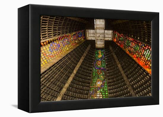 The high ceiling of the Metropolitan Cathedral of Saint Sebastian, Rio, Brazil-James White-Framed Premier Image Canvas