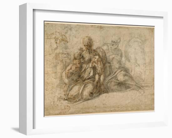 The Holy Family (recto); Amorous Putti (verso) c. 1530-Michelangelo Buonarroti-Framed Giclee Print