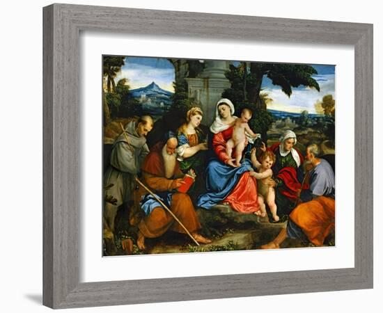 The Holy Family with Saint Francis, Saint Anthony, Mary Magdalen, John Baptist and Elisabeth-Paolo Veronese-Framed Giclee Print