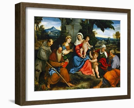 The Holy Family with Saint Francis, Saint Anthony, Mary Magdalen, John Baptist and Elisabeth-Paolo Veronese-Framed Giclee Print