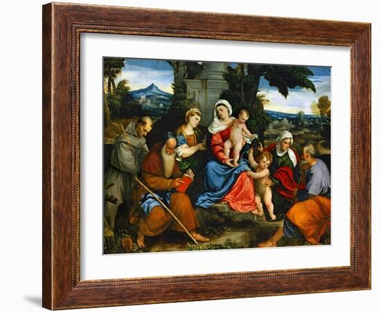 The Holy Family with Saint Francis, Saint Anthony, Mary Magdalen, John Baptist and Elisabeth-Paolo Veronese-Framed Giclee Print