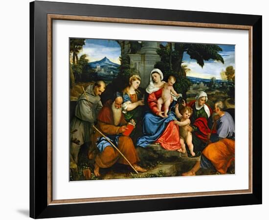 The Holy Family with Saint Francis, Saint Anthony, Mary Magdalen, John Baptist and Elisabeth-Paolo Veronese-Framed Giclee Print