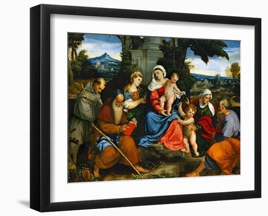 The Holy Family with Saint Francis, Saint Anthony, Mary Magdalen, John Baptist and Elisabeth-Paolo Veronese-Framed Giclee Print