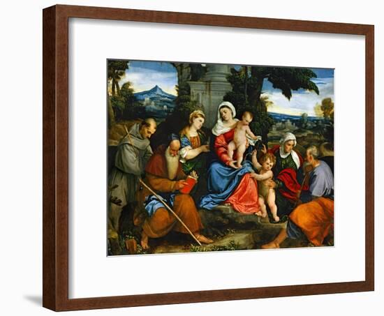 The Holy Family with Saint Francis, Saint Anthony, Mary Magdalen, John Baptist and Elisabeth-Paolo Veronese-Framed Giclee Print