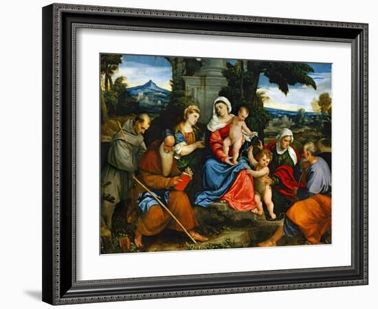 The Holy Family with Saint Francis, Saint Anthony, Mary Magdalen, John Baptist and Elisabeth-Paolo Veronese-Framed Giclee Print