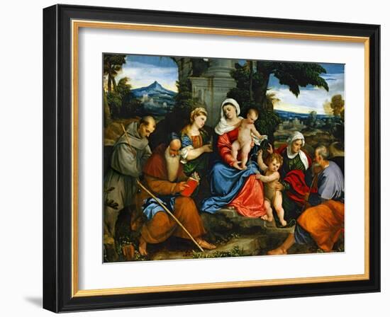 The Holy Family with Saint Francis, Saint Anthony, Mary Magdalen, John Baptist and Elisabeth-Paolo Veronese-Framed Giclee Print