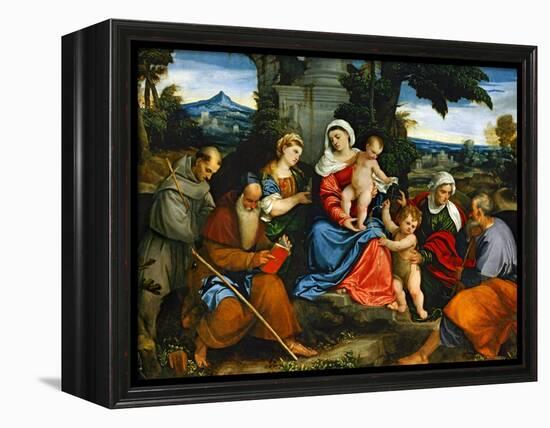 The Holy Family with Saint Francis, Saint Anthony, Mary Magdalen, John Baptist and Elisabeth-Paolo Veronese-Framed Premier Image Canvas