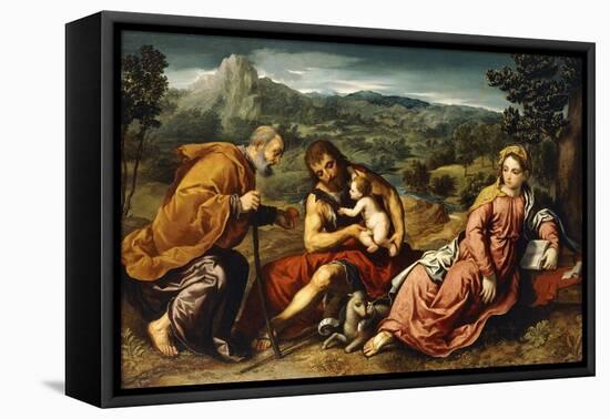 The Holy Family with Saint John the Baptist in a Landscape, 1545-50-Paris Bordone-Framed Premier Image Canvas