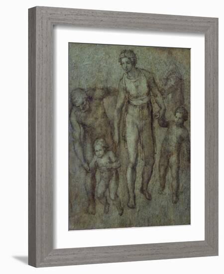 The Holy Family with St John the Baptist, C.1540 (Brush and Brown Wash on Panel)-Michelangelo Buonarroti-Framed Giclee Print