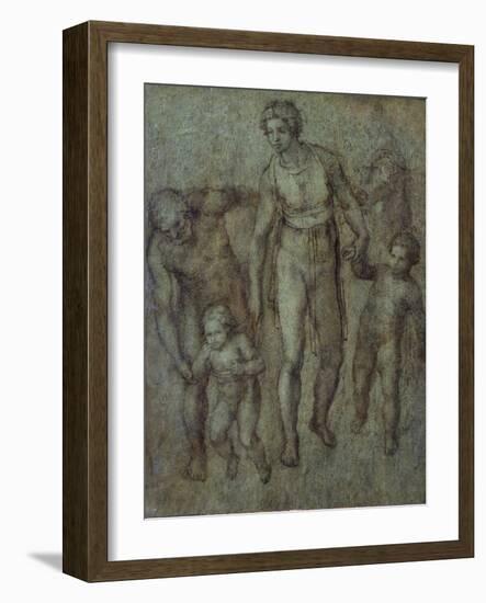 The Holy Family with St John the Baptist, C.1540 (Brush and Brown Wash on Panel)-Michelangelo Buonarroti-Framed Giclee Print