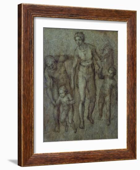 The Holy Family with St John the Baptist, C.1540 (Brush and Brown Wash on Panel)-Michelangelo Buonarroti-Framed Giclee Print