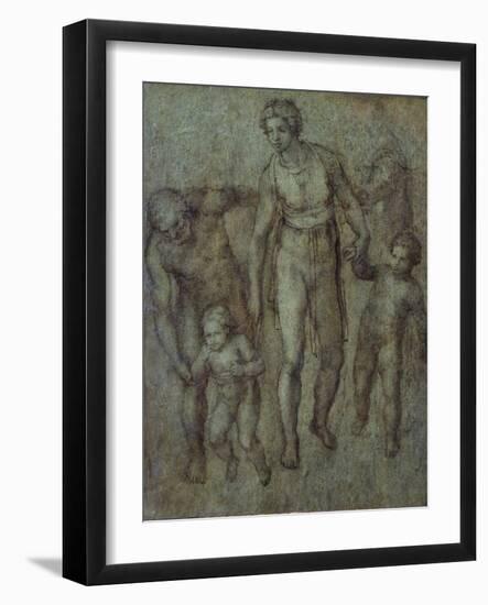 The Holy Family with St John the Baptist, C.1540 (Brush and Brown Wash on Panel)-Michelangelo Buonarroti-Framed Giclee Print