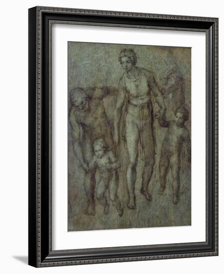 The Holy Family with St John the Baptist, C.1540 (Brush and Brown Wash on Panel)-Michelangelo Buonarroti-Framed Giclee Print