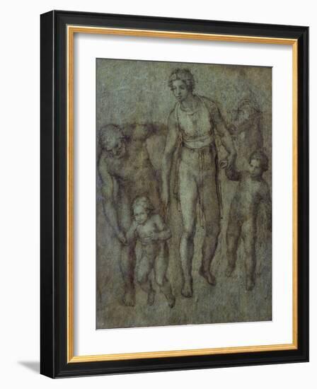 The Holy Family with St John the Baptist, C.1540 (Brush and Brown Wash on Panel)-Michelangelo Buonarroti-Framed Giclee Print