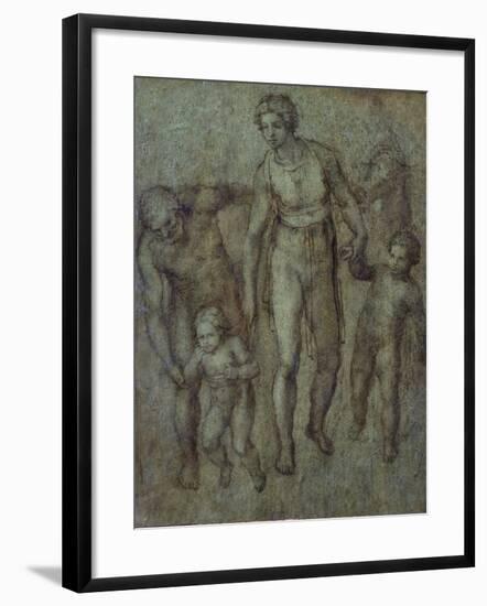 The Holy Family with St John the Baptist, C.1540 (Brush and Brown Wash on Panel)-Michelangelo Buonarroti-Framed Giclee Print