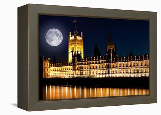 The Houses of Parliament at Night with a Bright Full Moon-Kamira-Framed Premier Image Canvas