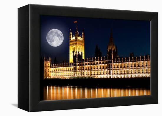 The Houses of Parliament at Night with a Bright Full Moon-Kamira-Framed Premier Image Canvas