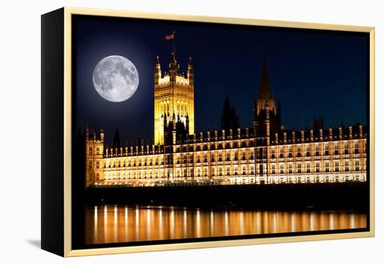 The Houses of Parliament at Night with a Bright Full Moon-Kamira-Framed Premier Image Canvas