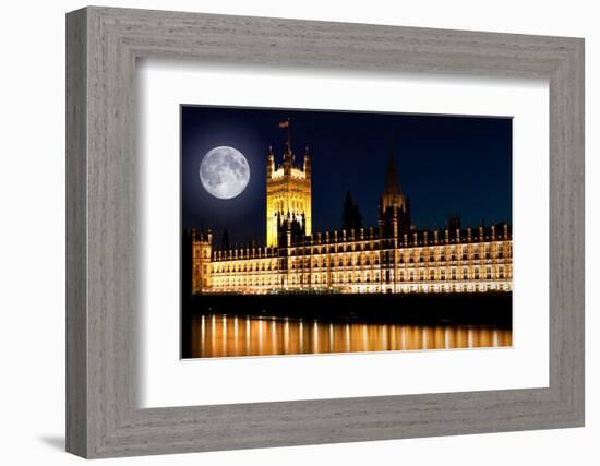 The Houses of Parliament at Night with a Bright Full Moon-Kamira-Framed Photographic Print