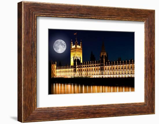 The Houses of Parliament at Night with a Bright Full Moon-Kamira-Framed Photographic Print