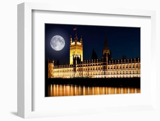The Houses of Parliament at Night with a Bright Full Moon-Kamira-Framed Photographic Print