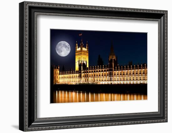 The Houses of Parliament at Night with a Bright Full Moon-Kamira-Framed Photographic Print