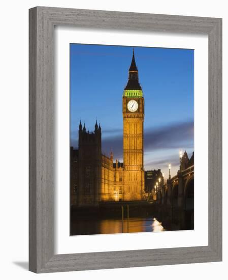 The Houses of Parliament, Big Ben and Westminster Bridge at Dusk, Westminster, London-Amanda Hall-Framed Photographic Print