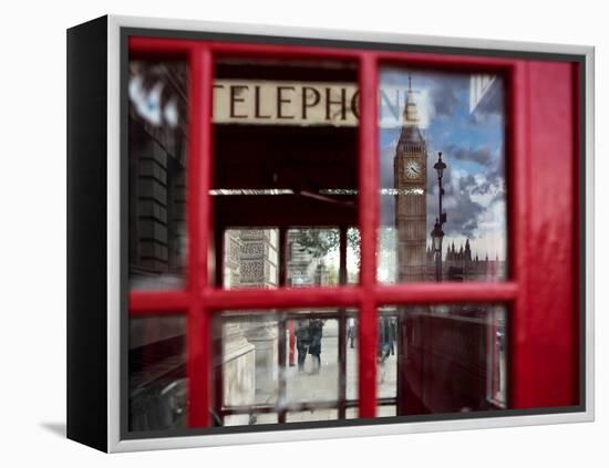 The houses of parliament reflected in an iconic red phone box in Westminster, London.-Alex Saberi-Framed Premier Image Canvas