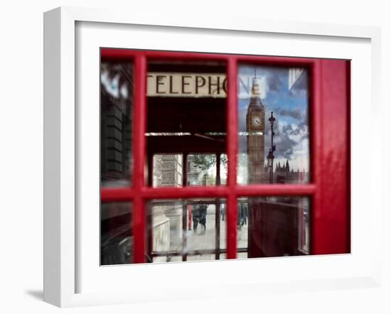 The houses of parliament reflected in an iconic red phone box in Westminster, London.-Alex Saberi-Framed Photographic Print