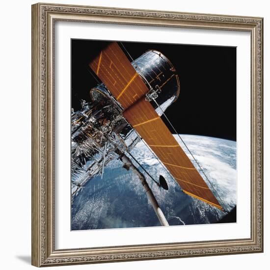 The Hubble Space Telescope Backdropped by Planet Earth-null-Framed Photographic Print