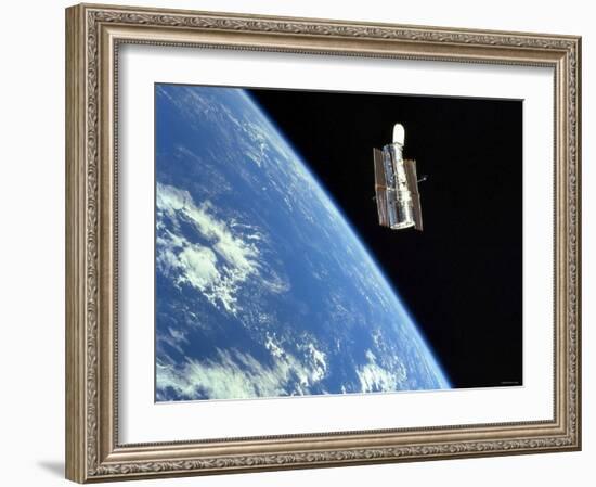 The Hubble Space Telescope with a Blue Earth in the Background-Stocktrek Images-Framed Photographic Print