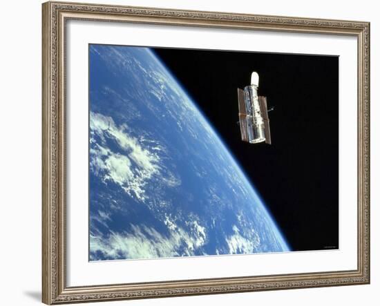 The Hubble Space Telescope with a Blue Earth in the Background-Stocktrek Images-Framed Photographic Print