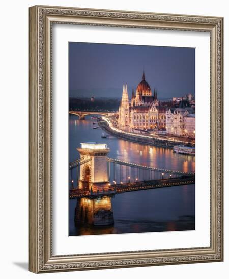 The Hungarian Parliament on the River Danube with the Chain Bridge, Budapest, Hungary-Karen Deakin-Framed Photographic Print