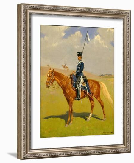 The Hussar (Private of the Hussars: A German Hussar) 1892-93 (Oil on Canvas)-Frederic Remington-Framed Giclee Print