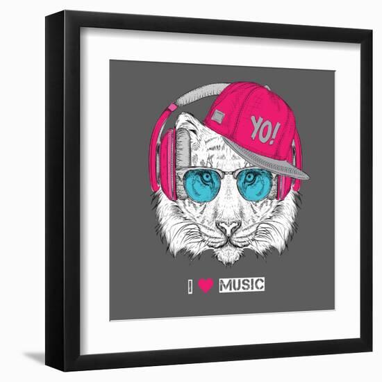 The Image of the Tiger in the Glasses, Headphones and in Hip-Hop Hat. Vector Illustration.-Sunny Whale-Framed Art Print