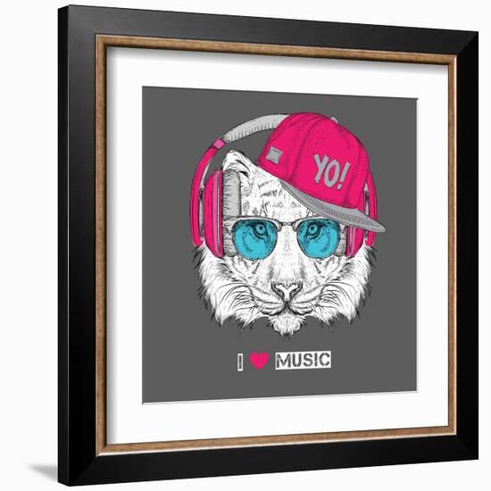 The Image of the Tiger in the Glasses, Headphones and in Hip-Hop Hat. Vector Illustration.-Sunny Whale-Framed Art Print