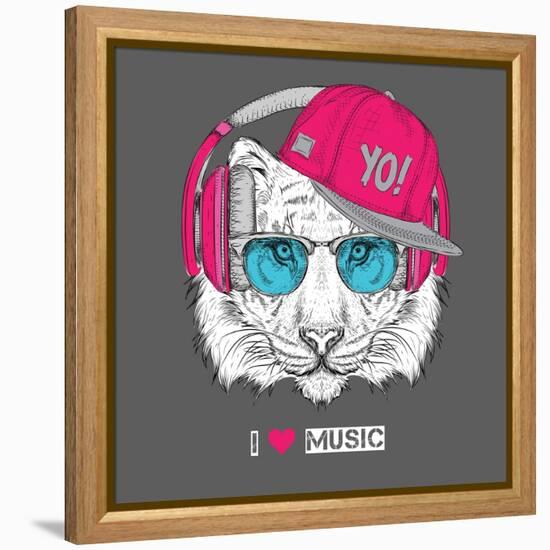 The Image of the Tiger in the Glasses, Headphones and in Hip-Hop Hat. Vector Illustration.-Sunny Whale-Framed Stretched Canvas