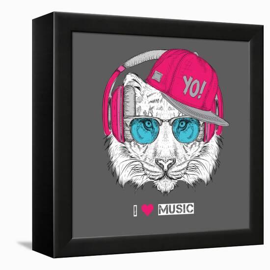 The Image of the Tiger in the Glasses, Headphones and in Hip-Hop Hat. Vector Illustration.-Sunny Whale-Framed Stretched Canvas