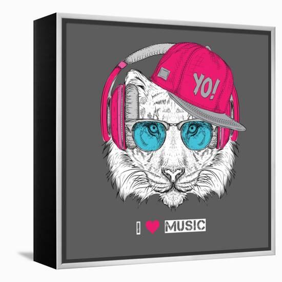 The Image of the Tiger in the Glasses, Headphones and in Hip-Hop Hat. Vector Illustration.-Sunny Whale-Framed Stretched Canvas