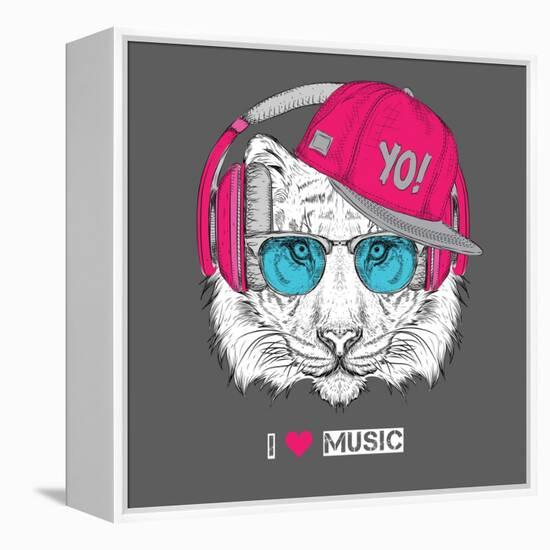 The Image of the Tiger in the Glasses, Headphones and in Hip-Hop Hat. Vector Illustration.-Sunny Whale-Framed Stretched Canvas