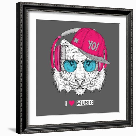 The Image of the Tiger in the Glasses, Headphones and in Hip-Hop Hat. Vector Illustration.-Sunny Whale-Framed Art Print
