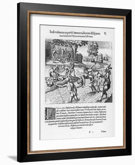 The Inhabitants of Puerto Rico Test the Belief That the Spaniards are Immortal by Drowning Salsedo-Theodor de Bry-Framed Art Print