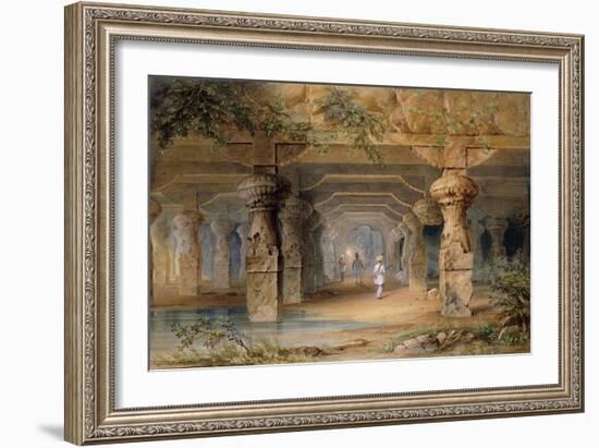 The Interior of the Great Cave, Elephanta, Bombay, 19th Century (Pencil, W/C)-Thomas J. Rawlins-Framed Giclee Print