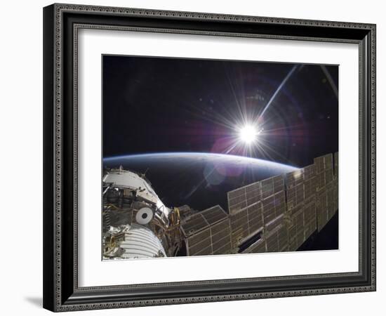 The International Space Station Backdropped by the Bright Sun Over Earth's Horizon-Stocktrek Images-Framed Photographic Print