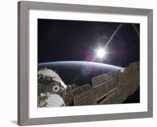 The International Space Station Backdropped by the Bright Sun Over Earth's Horizon-Stocktrek Images-Framed Photographic Print