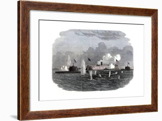 The Iron-Clad Frigate, New Ironsides, and Two Ericsson Batteries Going into Action at Charleston-null-Framed Giclee Print
