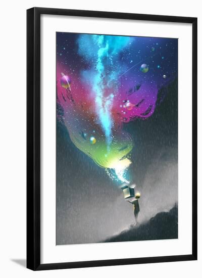 The Kid Opening a Fantasy Box with Colorful Light and Fantastic Space,Illustration Painting-Tithi Luadthong-Framed Art Print